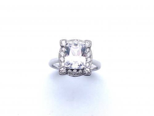 Silver Large Emerald Cut CZ Fancy Cluster Ring