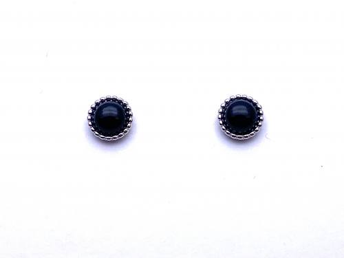 Silver Cabochon Cut Black Agate Stud Earrings