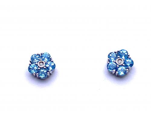 Silver Blue Topaz and CZ Cluster Studs Earrings