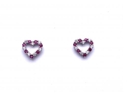 Silver Ruby and CZ Heart Stud Earrings