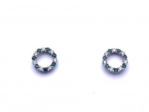 Silver Emerald and CZ Open Circle Stud Earrings