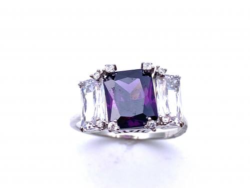 Silver Purple & Clear CZ 3 Stone Ring