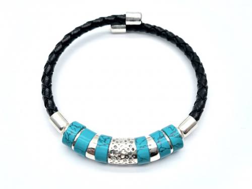 Silver Created Turquoise Leather Torq Bangle
