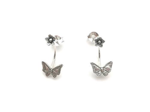 Silver Butterfly & Flower Ear Jacket Earrings