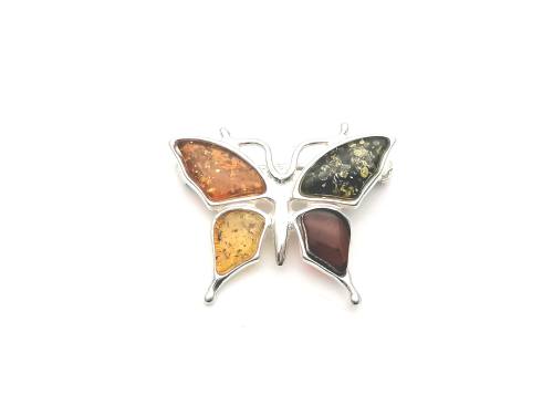 Silver Multi Coloured Amber Butterfly Brooch
