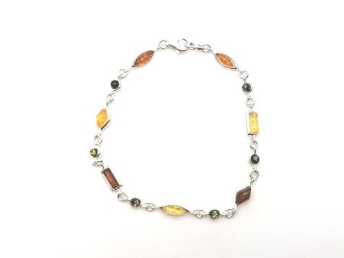 Silver Multi Coloured Amber Bracelet 7 1/2 Inch