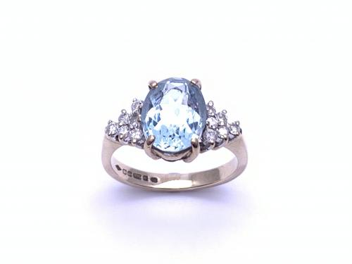 9ct Aquamarine Solitaire & Diamond Ring
