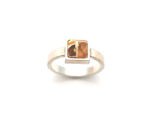 Silver Square Amber Ring