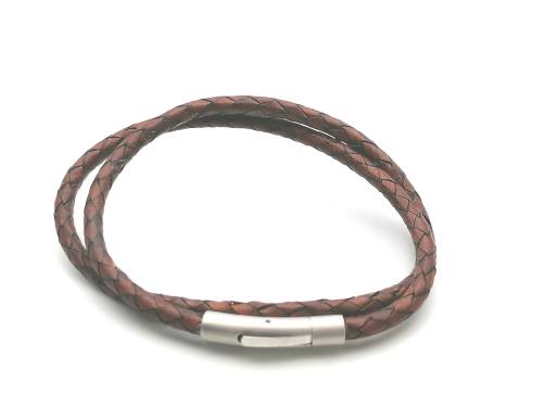 Brown Double Row Leather BraceletMatte Steel Clasp