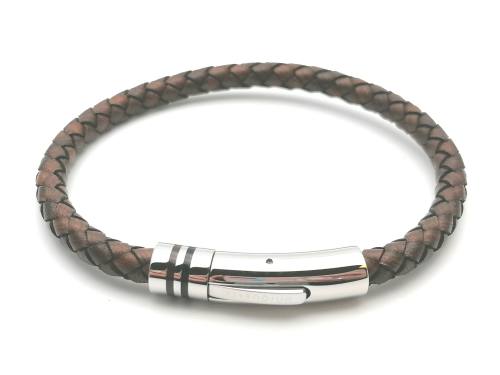 Brown Leather Bracelet Pollished Steel Clasp