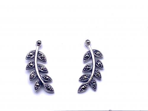 Silver Marcasite Leaf Design Stud Drop Earrings
