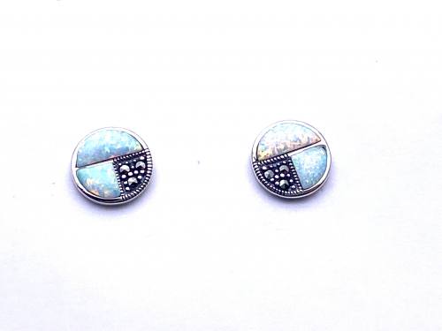 Silver Marcasite & Created Opal Stud Earrings