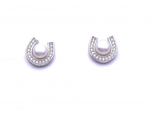 Silver Cultured Pearl & CZ Horseshoe Earrings