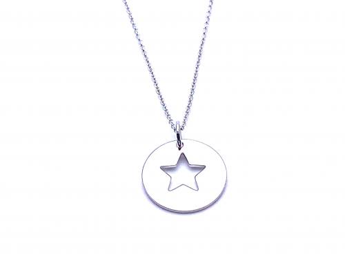 Silver Round Disc Star Pendant & Chain 16-18 Inch