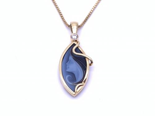 18ct Agate Cameo&Diamond Pendant&Chain