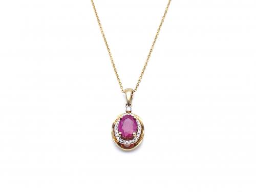9ct Yellow Gold Ruby & Diamond Pendant & Chain