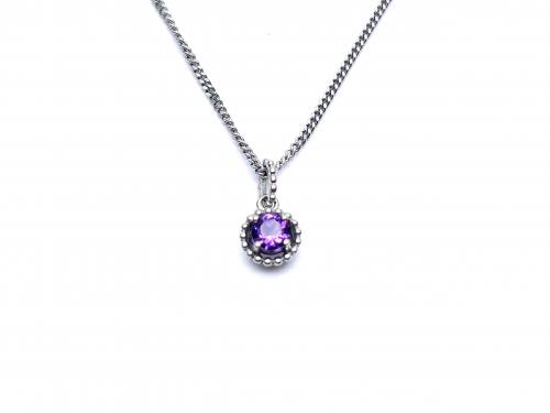 Silver Round Amethyst Pendant & Chain