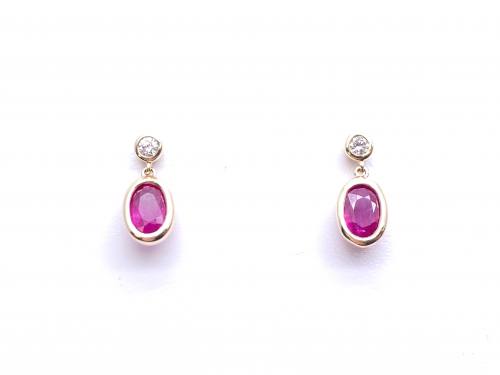 9ct Yellow Gold Ruby and Diamond Drop Earrings