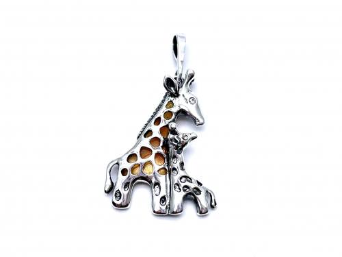 Silver Amber Giraffe Family Pendant