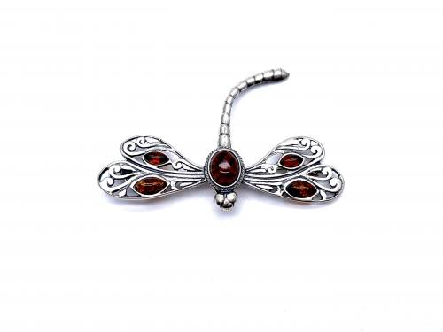 Silver Amber Dragonfly Pendant Brooch