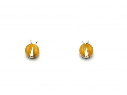 Silver Milky Amber Ladybird Stud Earrings