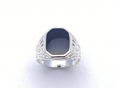 Silver Black Whitby Jet Signet Ring Size R