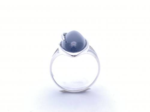 Silver Oval Black Whitby Jet Ring Size P