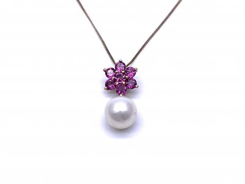 9ct Garnet & Pearl Pendant & Chain