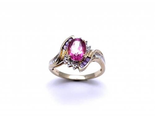 9ct Pink Topaz, Amethyst & Diamond Ring