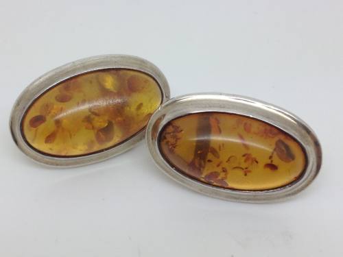Silver Amber Oval Studs