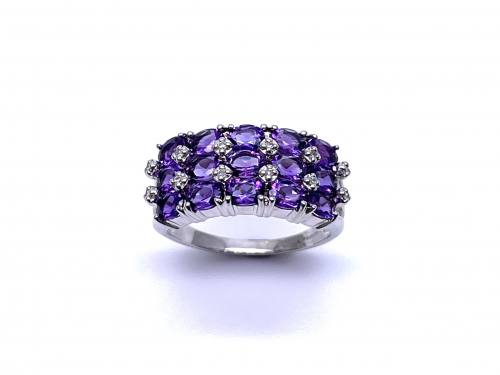 9ct Amethyst & Diamond 3 Row Ring