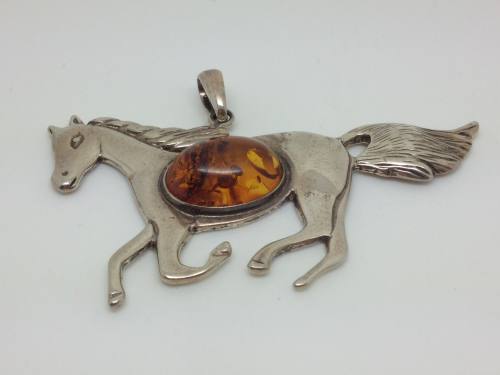 Silver Amber Horse Pendant