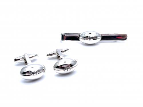 Silver Rugby Ball Tie Slide & Cufflinks Set