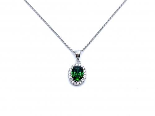 Silver Green & White CZ Oval Pendant & Chain