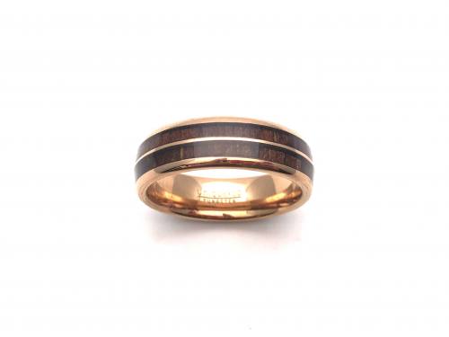 Tungsten Carbide Ring Wood Inlay & Rose IP Plating