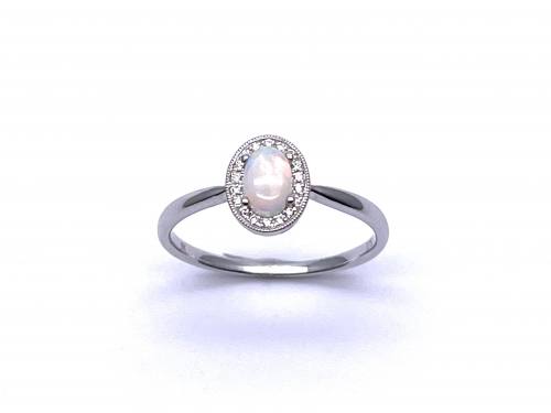 9ct White Gold Opal & Diamond Halo Cluster Ring