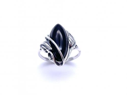 Silver Whitby Jet Leaf Design Ring