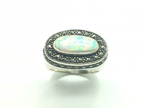 Silver Marcasite & Created Opal Ring
