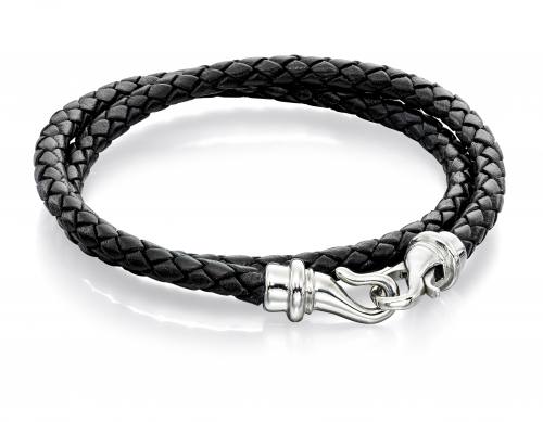Stainless Steel Black Leather Double Wrap Bracelet