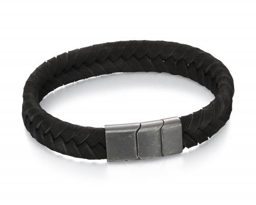 Stainless Steel Black Leather Bracelet 21 or 22cm