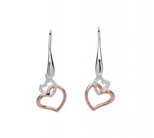 Silver & Rose Gold Plate CZ Heart Drop Earrings