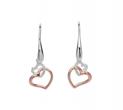 Silver & Rose Plated CZ Double Heart Drop Earrings