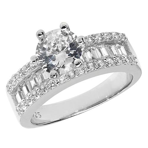 Silver CZ Solitaire Ring Pave Set Shoulders Size R