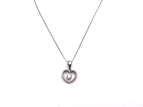 9ct White Gold CZ Heart Pendant & Chain