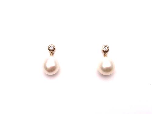 9ct Yellow Gold Pearl & Diamond Drop Earrings
