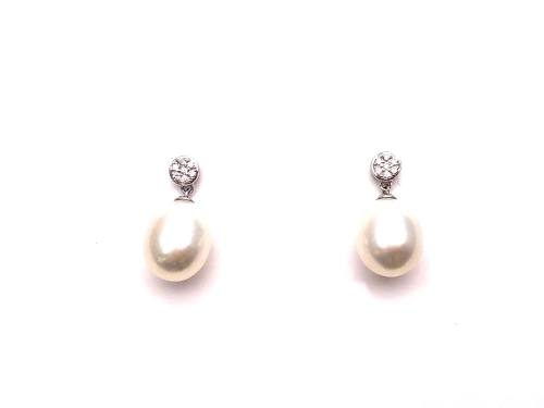9ct White Gold Pearl & Diamond Drop Earrings