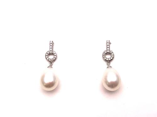 9ct White Gold Pearl & Diamond Drop Earrings