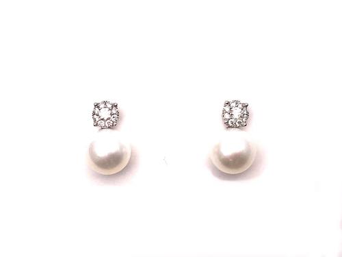 9ct White Gold Pearl & Diamond Drop Stud Earrings