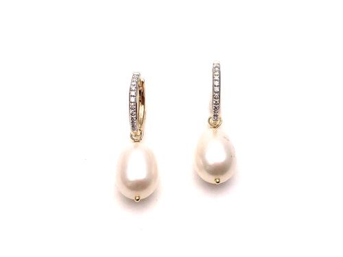 9ct Yellow Gold Pearl & Diamond Hoop Earrings