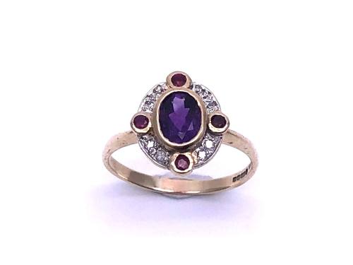 9ct Amethyst, Ruby & Diamond Ring
